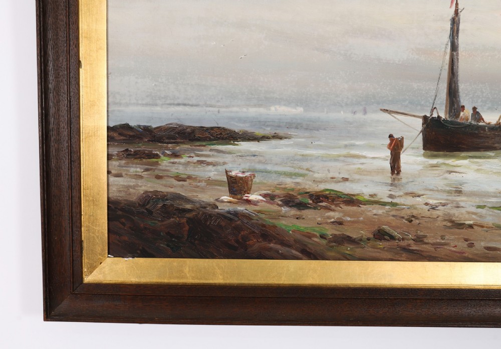 A pair of framed 19th-century oil on canvas paintings depicting coastal seascapes with wooden fishing vessels, encased in dark wood frames with gilded inner slips. View XVI