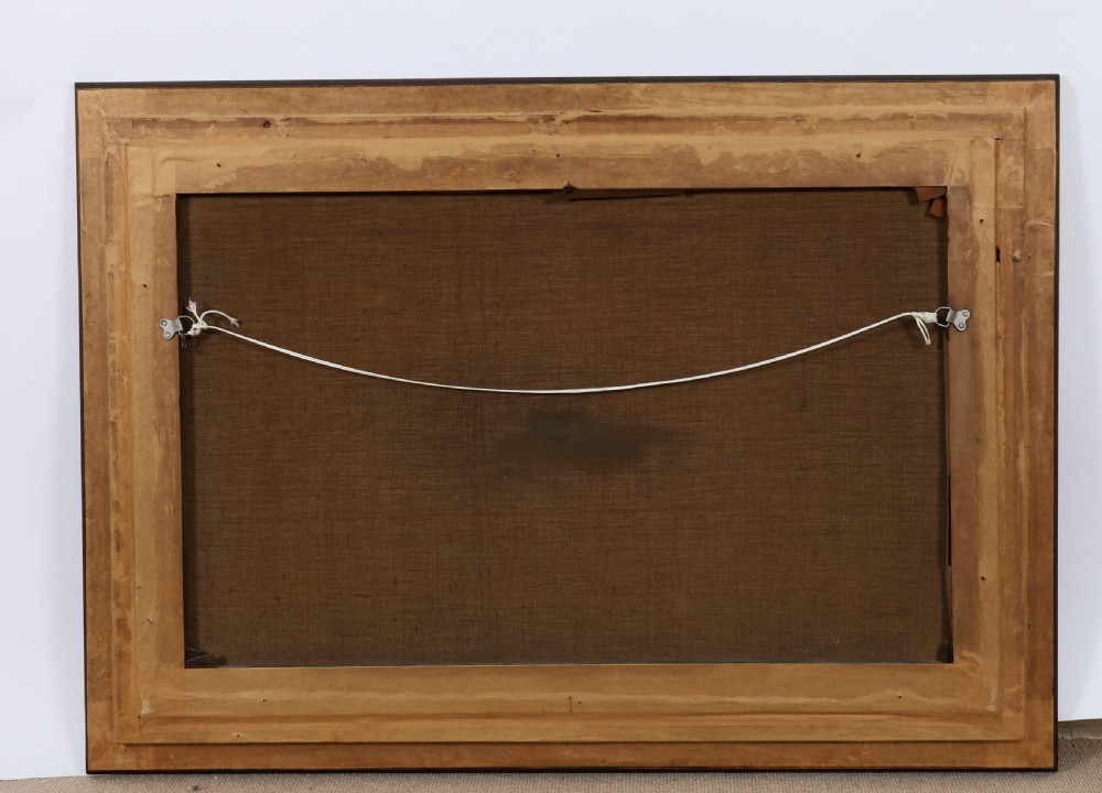 A pair of framed 19th-century oil on canvas paintings depicting coastal seascapes with wooden fishing vessels, encased in dark wood frames with gilded inner slips. View XIX