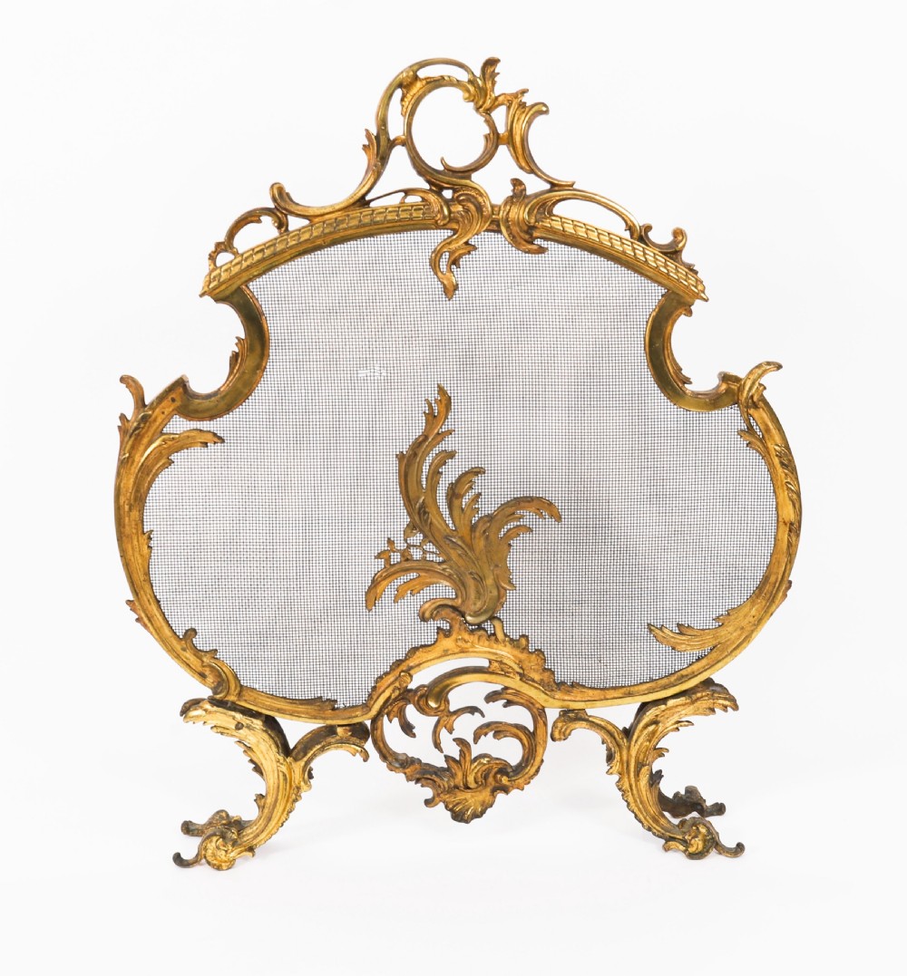 Antique French Rococo Revival Brass Fire Screen Fireguard 19th C