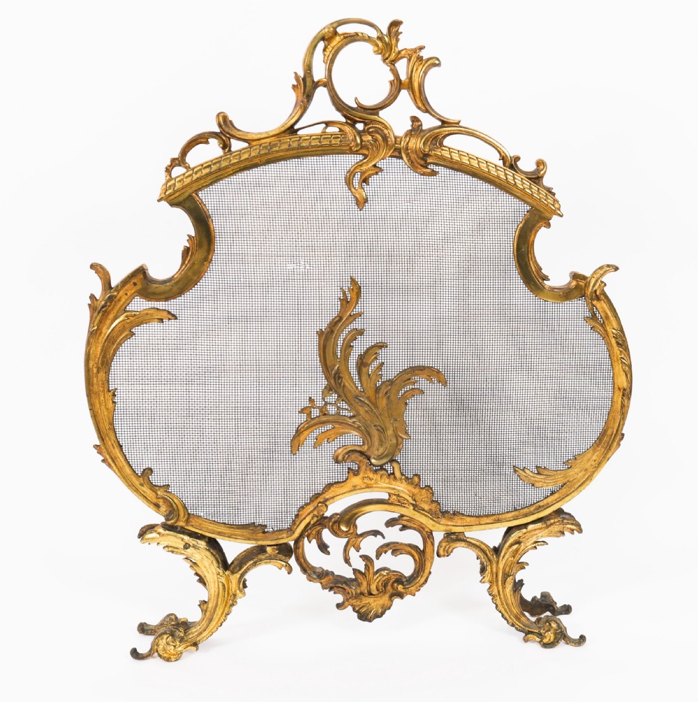 Antique French Rococo Revival Brass Fire Screen Fireguard 19th C View III