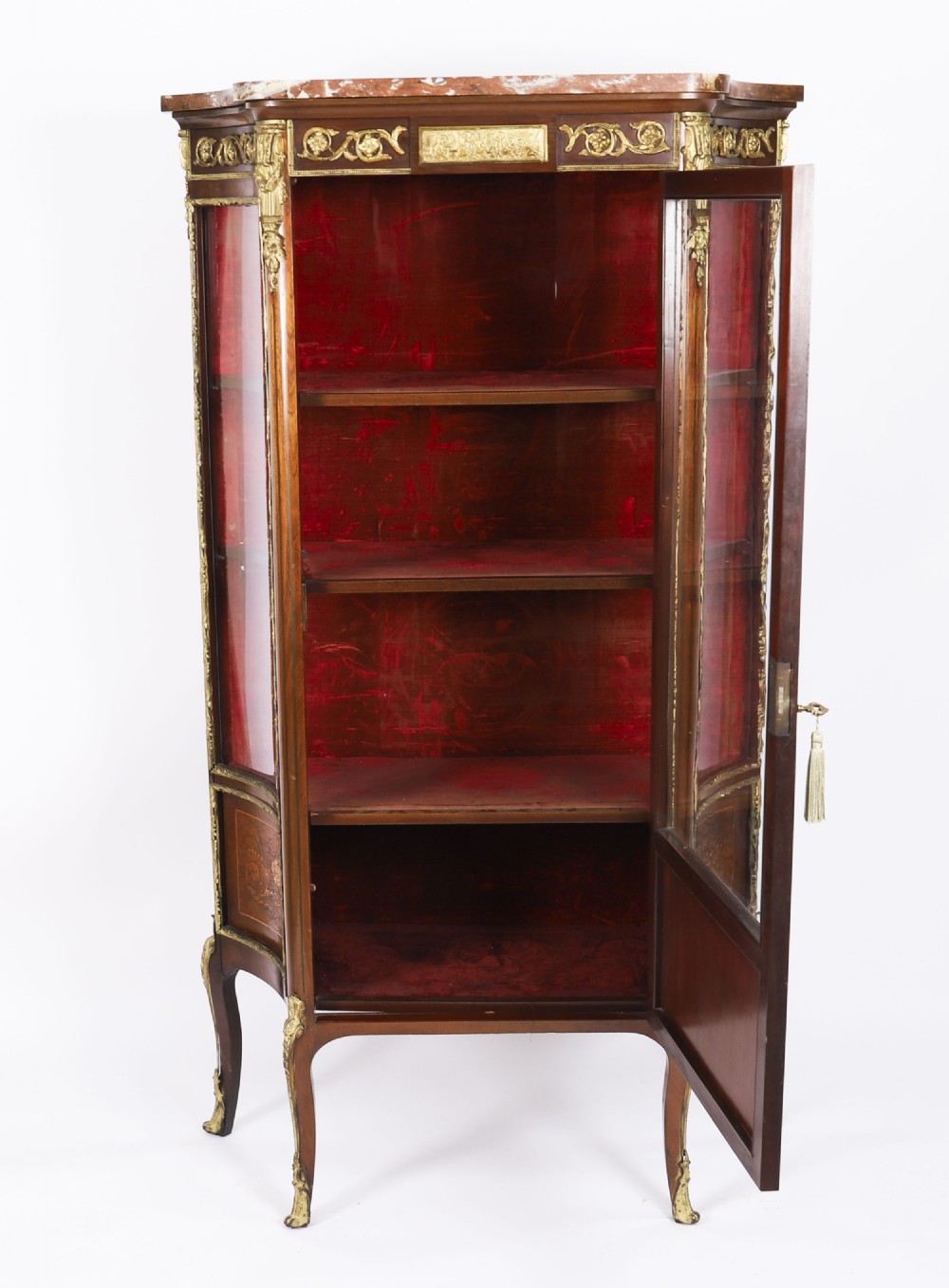 A 19th-century French Louis Revival vitrine cabinet featuring a marble top, glazed glass sides and door, floral marquetry panels, and ornate gilt bronze mounts. View V