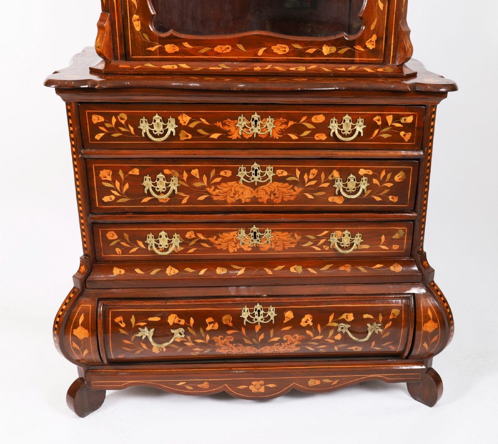 An 18th-century Dutch walnut cabinet on chest featuring detailed floral marquetry inlay, an arched bonnet top with glass doors, and four brass-handled drawers. View XIII