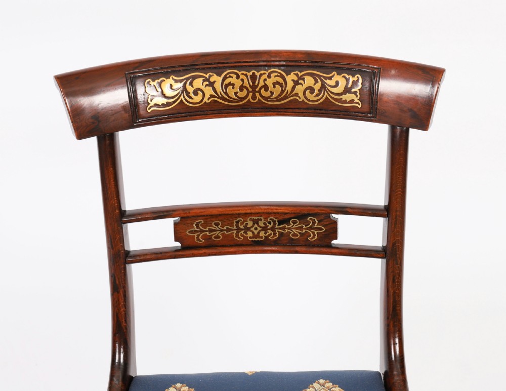 Antique Pair Regency Period Brass Inlaid Bar Back Chairs 19th C C1820 View III