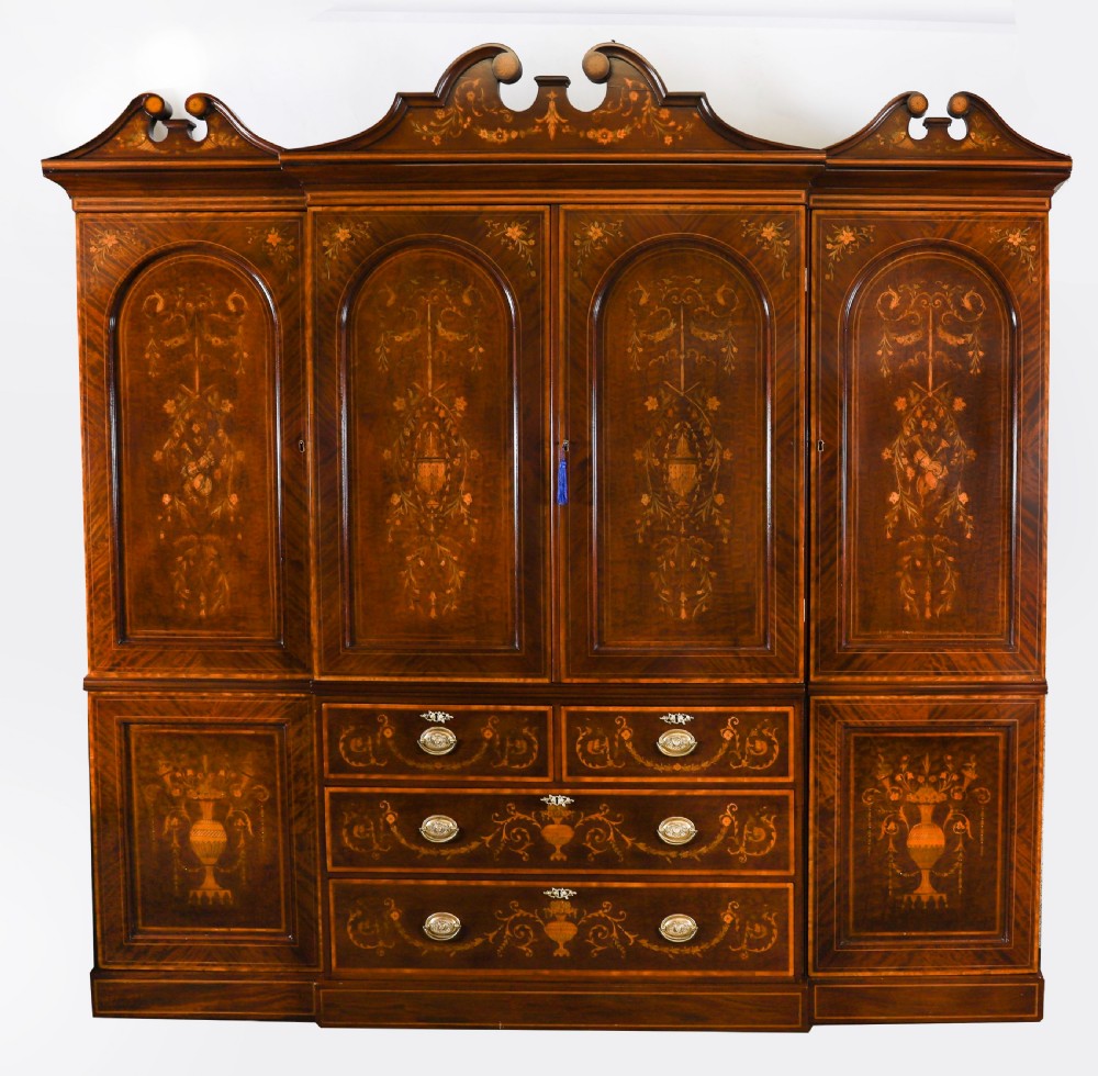 Antique Edwardian Breakfront Mahogany & Floral Marquetry Inlaid Wardrobe C1910