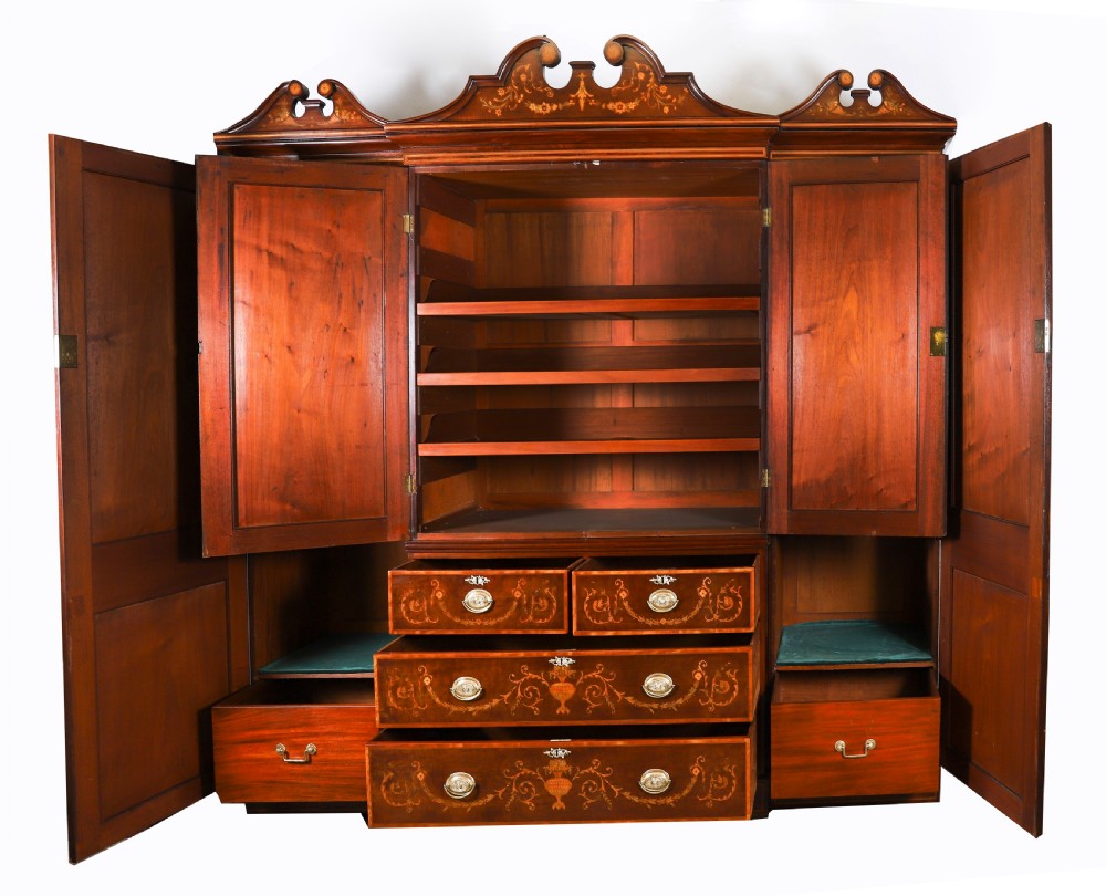 Antique Edwardian Breakfront Mahogany & Floral Marquetry Inlaid Wardrobe C1910 View II