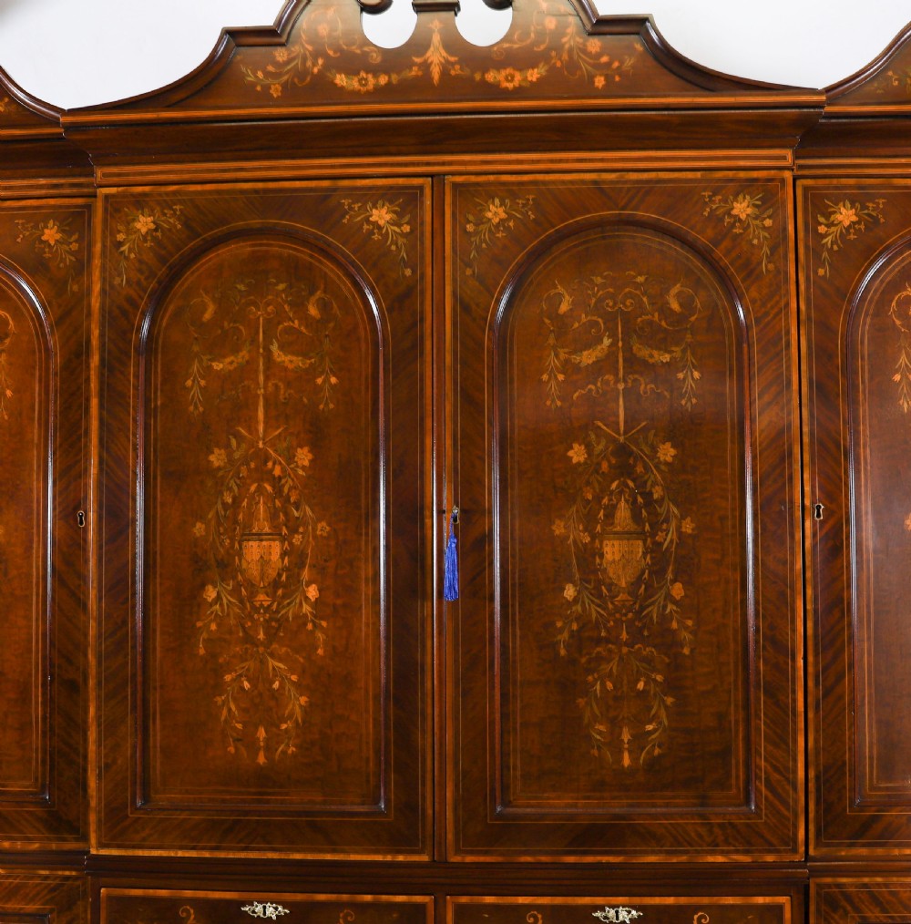 Antique Edwardian Breakfront Mahogany & Floral Marquetry Inlaid Wardrobe C1910 View III
