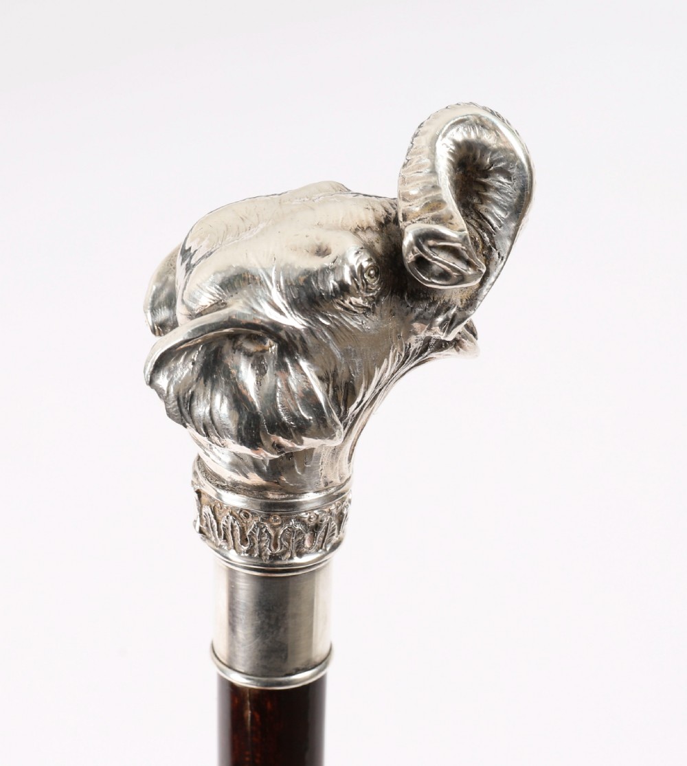Antique Sterling Silver Elephant Walking Cane Stick 19th C 94cm/37inches View III