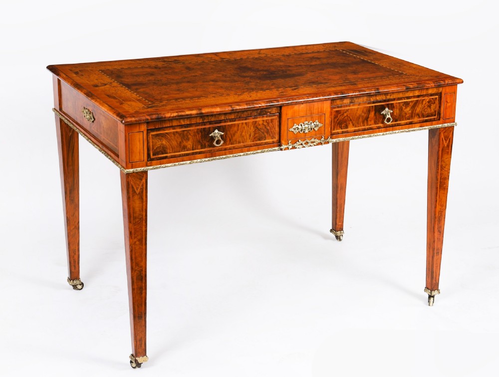 Antique Victorian Burr Walnut Writing Table Bureau Plat 19th C