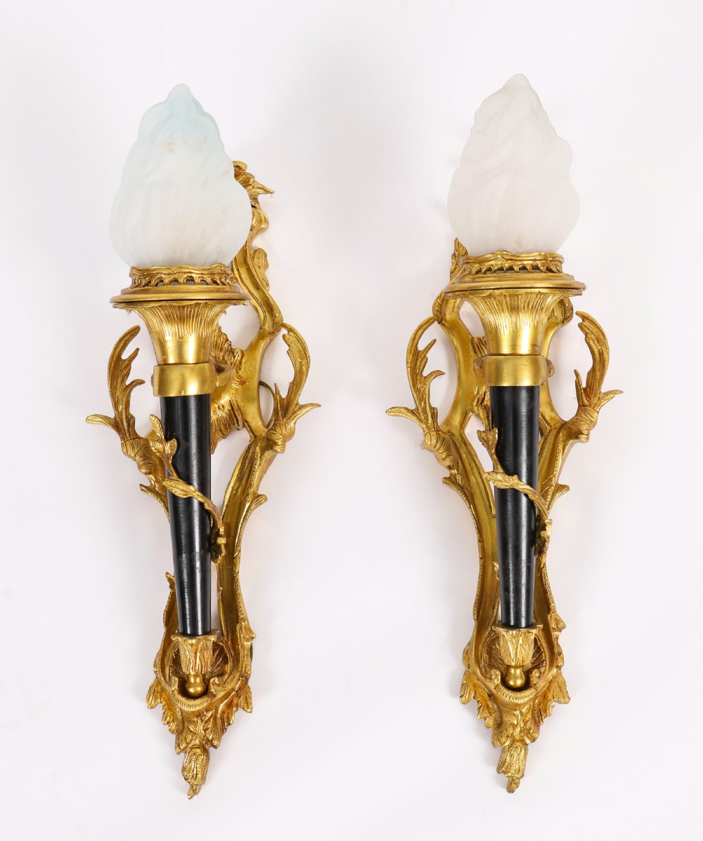 Antique Pair Rococo Revival Ormolu & Glass Flaming Torch Wall lights c.1900