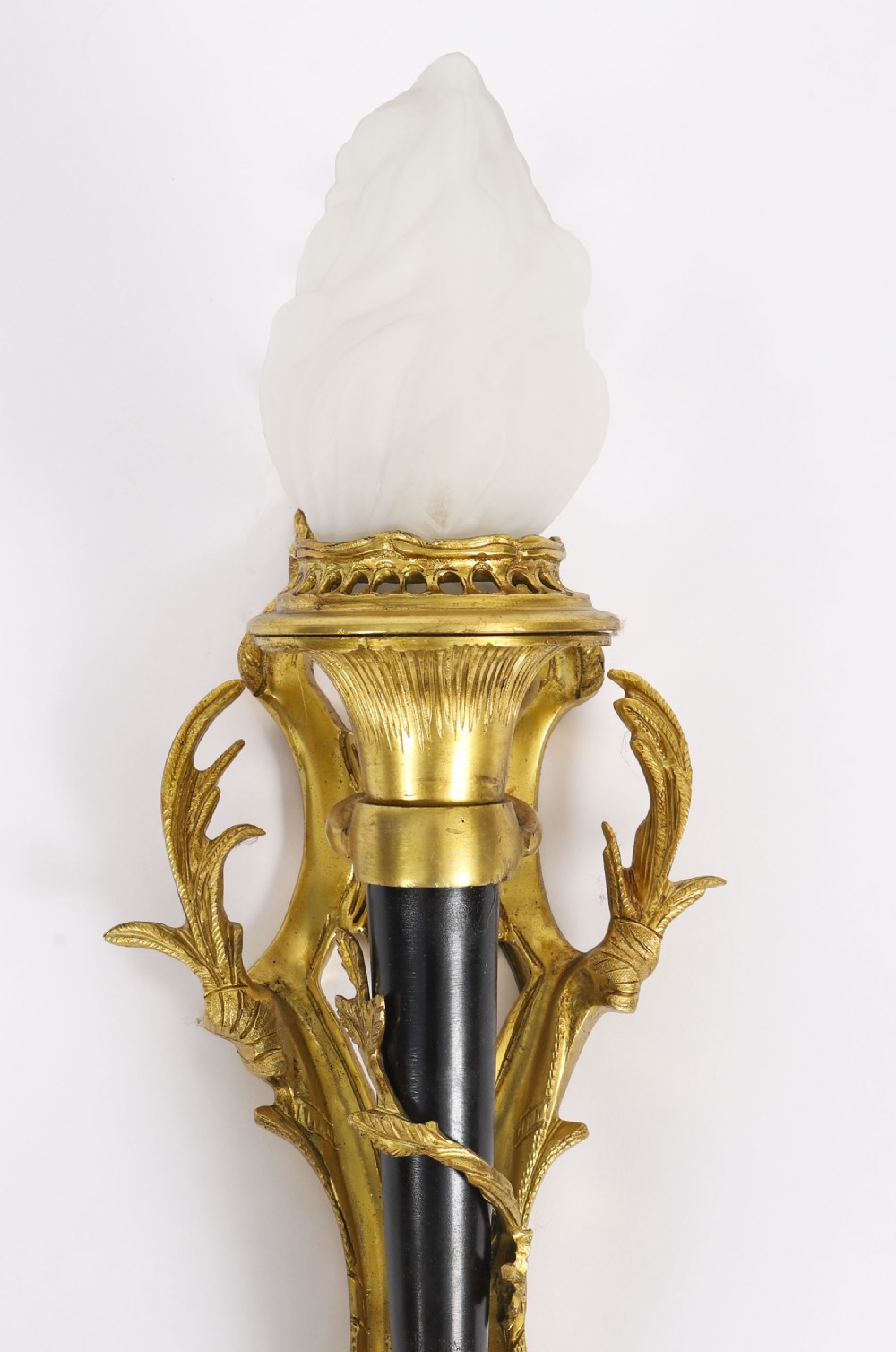 Antique Pair Rococo Revival Ormolu & Glass Flaming Torch Wall lights c.1900 View IV