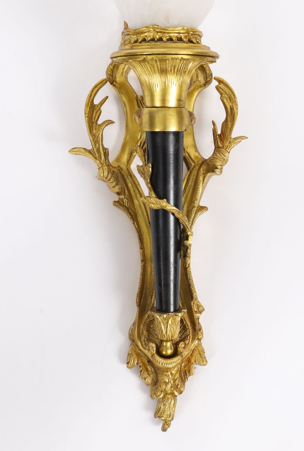 Antique Pair Rococo Revival Ormolu & Glass Flaming Torch Wall lights c.1900 View V