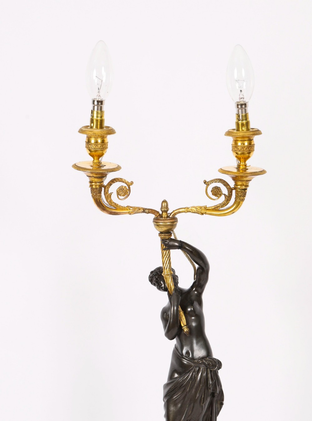 A pair of 19th-century French patinated bronze and gilt bronze two-light candelabra featuring classical draped female figures on cylindrical bases. View XVI