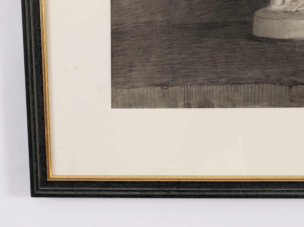 A monochrome charcoal drawing depicting a classical male nude sculpture in a black and gold frame with a cream mount. View IV