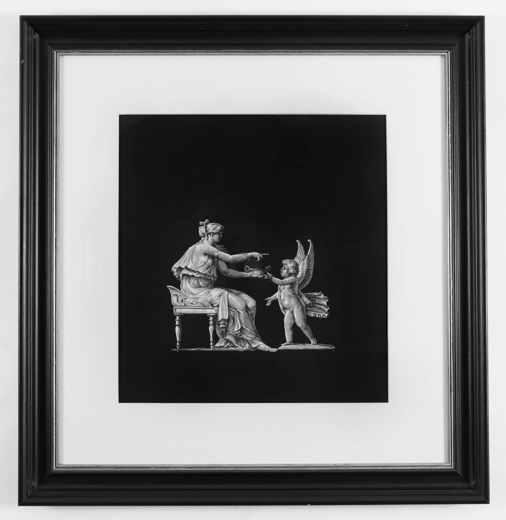 A framed monochrome 19th-century gouache painting depicting the mythological figures Venus seated on a classical stool and Cupid standing before her.