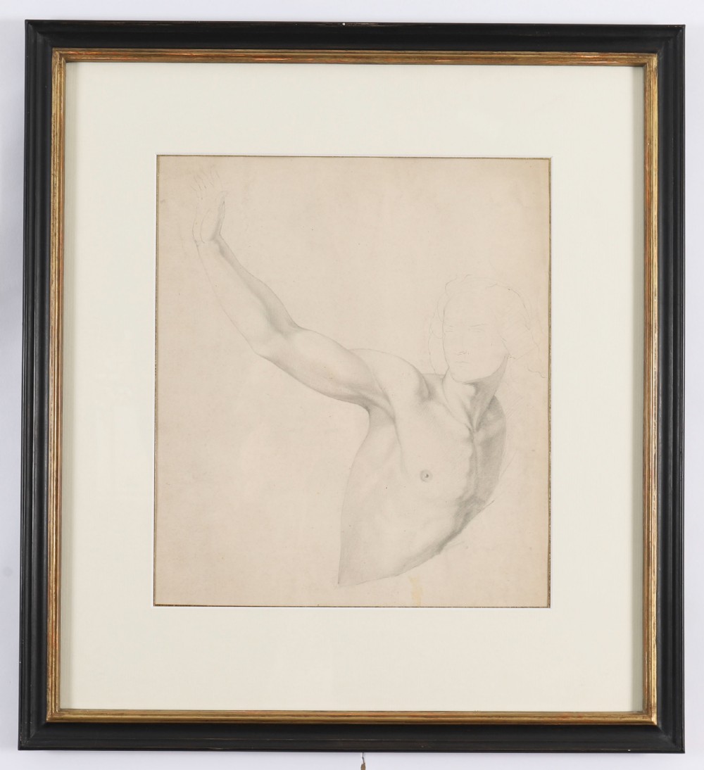 A framed late 19th-century graphite drawing on cream paper depicting a male anatomical figural study with an raised arm, set within a black frame featuring a gold inner trim.