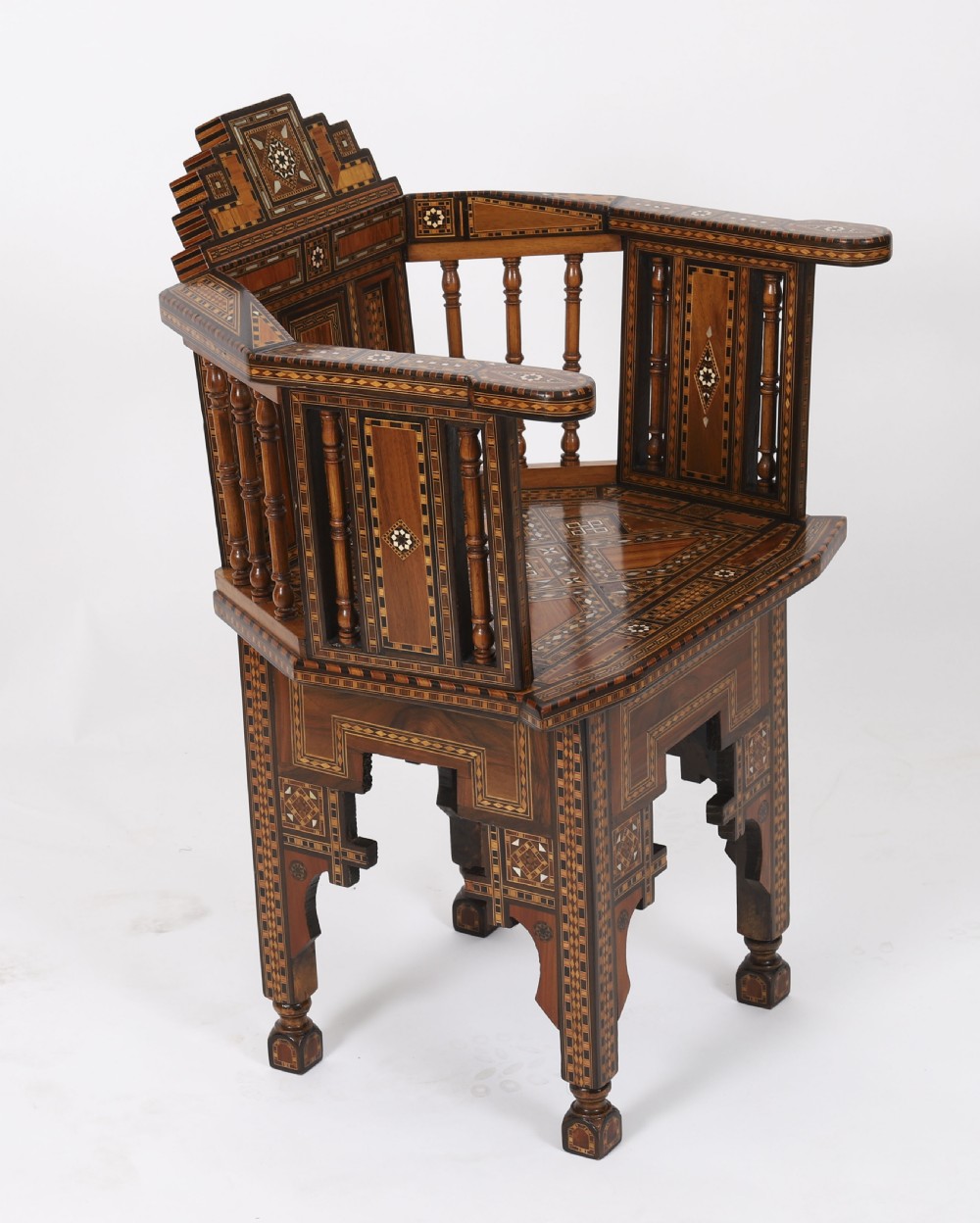 Antique Pair Syrian Parquetry Inlaid armchairs 19th C View XIII