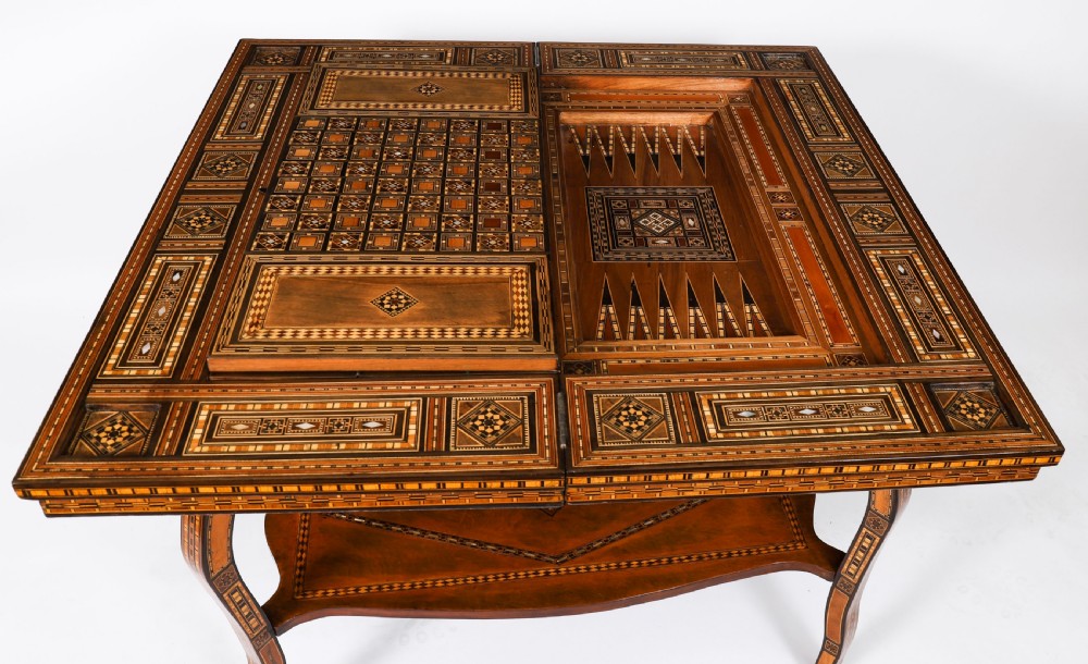 Antique Damascus Syrian Inlaid Card, Chess, Backgammon, Games table 19th C View XIV