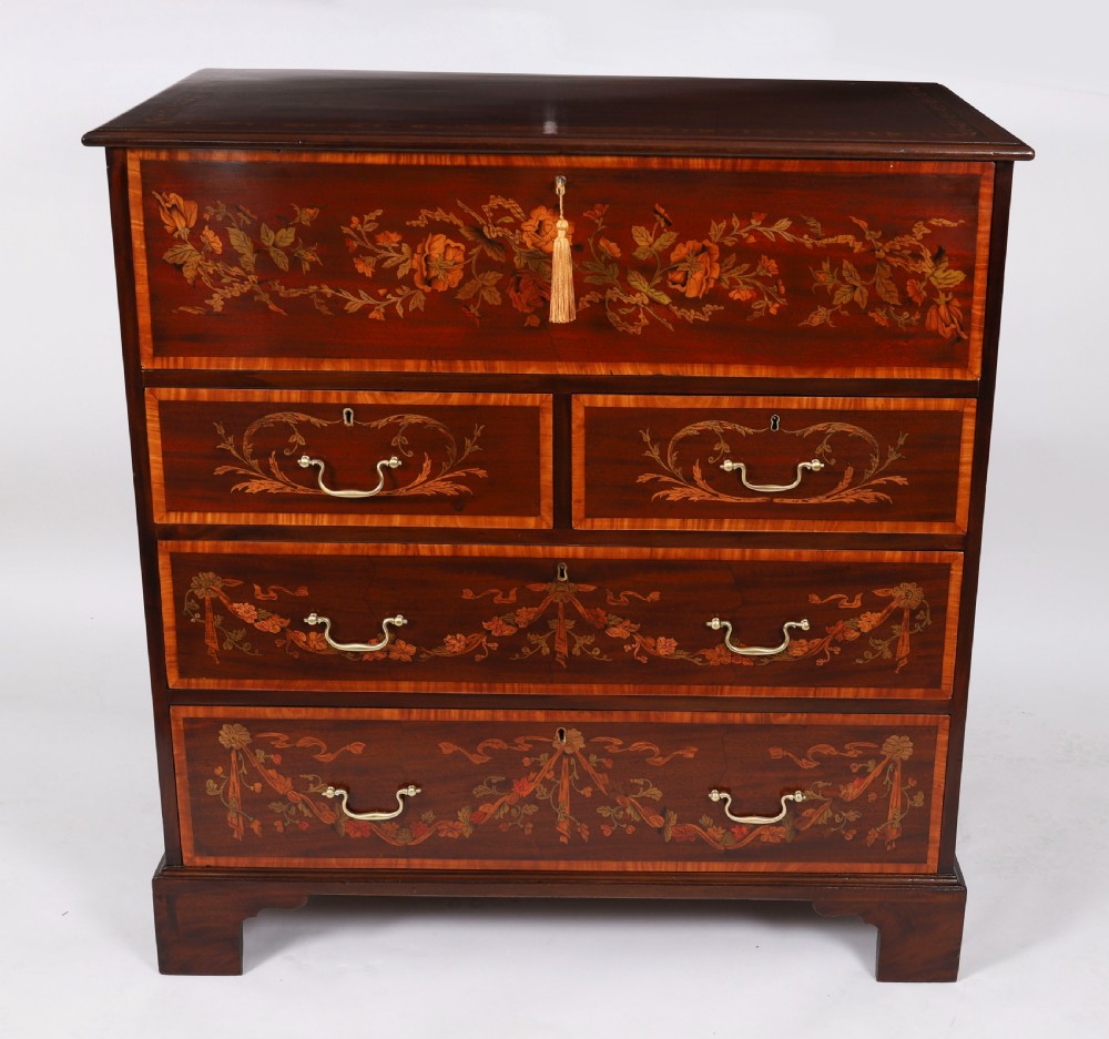 An eighteenth-century dark mahogany secretaire chest featuring intricate floral marquetry inlay on the drawer fronts, brass handles, and bracket feet. View III