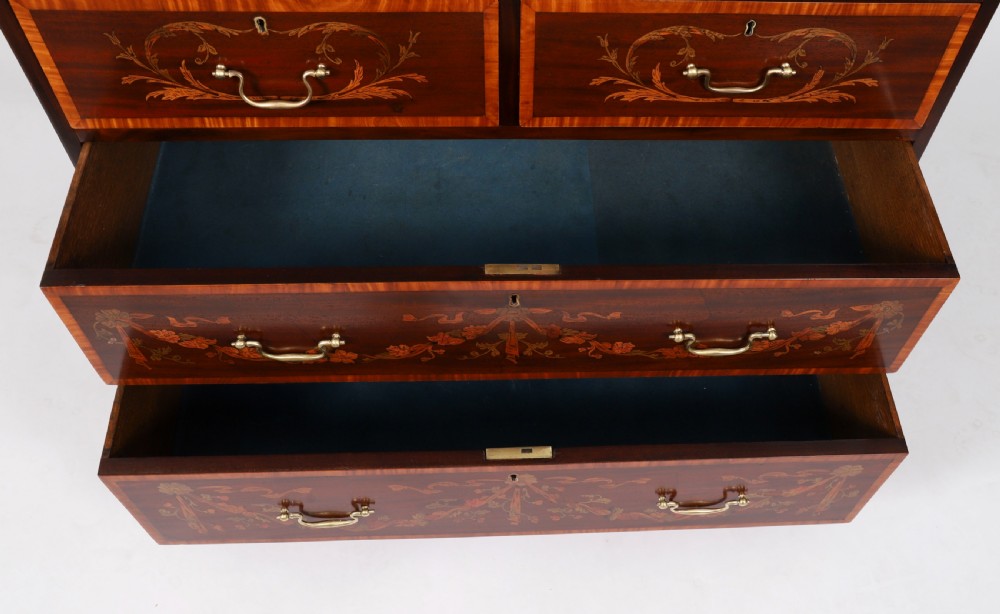 An eighteenth-century dark mahogany secretaire chest featuring intricate floral marquetry inlay on the drawer fronts, brass handles, and bracket feet. View XV