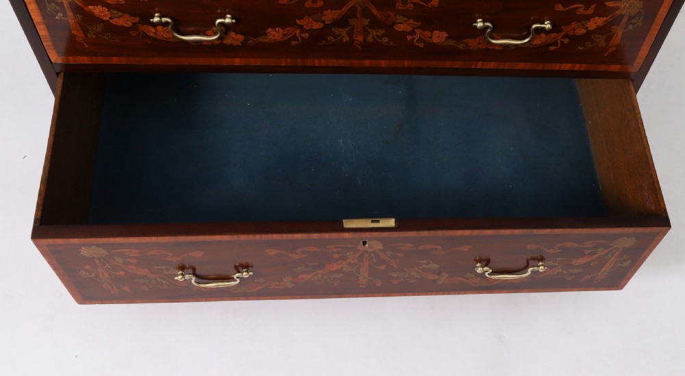An eighteenth-century dark mahogany secretaire chest featuring intricate floral marquetry inlay on the drawer fronts, brass handles, and bracket feet. View XVI