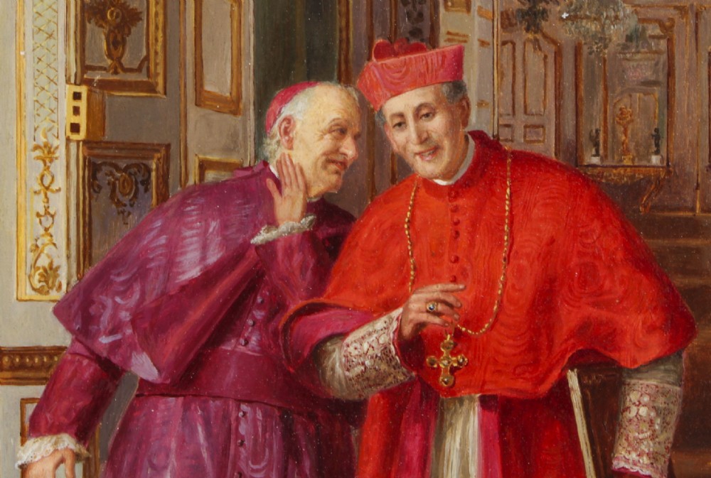 A 19th-century oil painting depicting two Catholic clergymen in red and purple robes conversing inside an ornate room, enclosed in a carved gilt frame. View VI