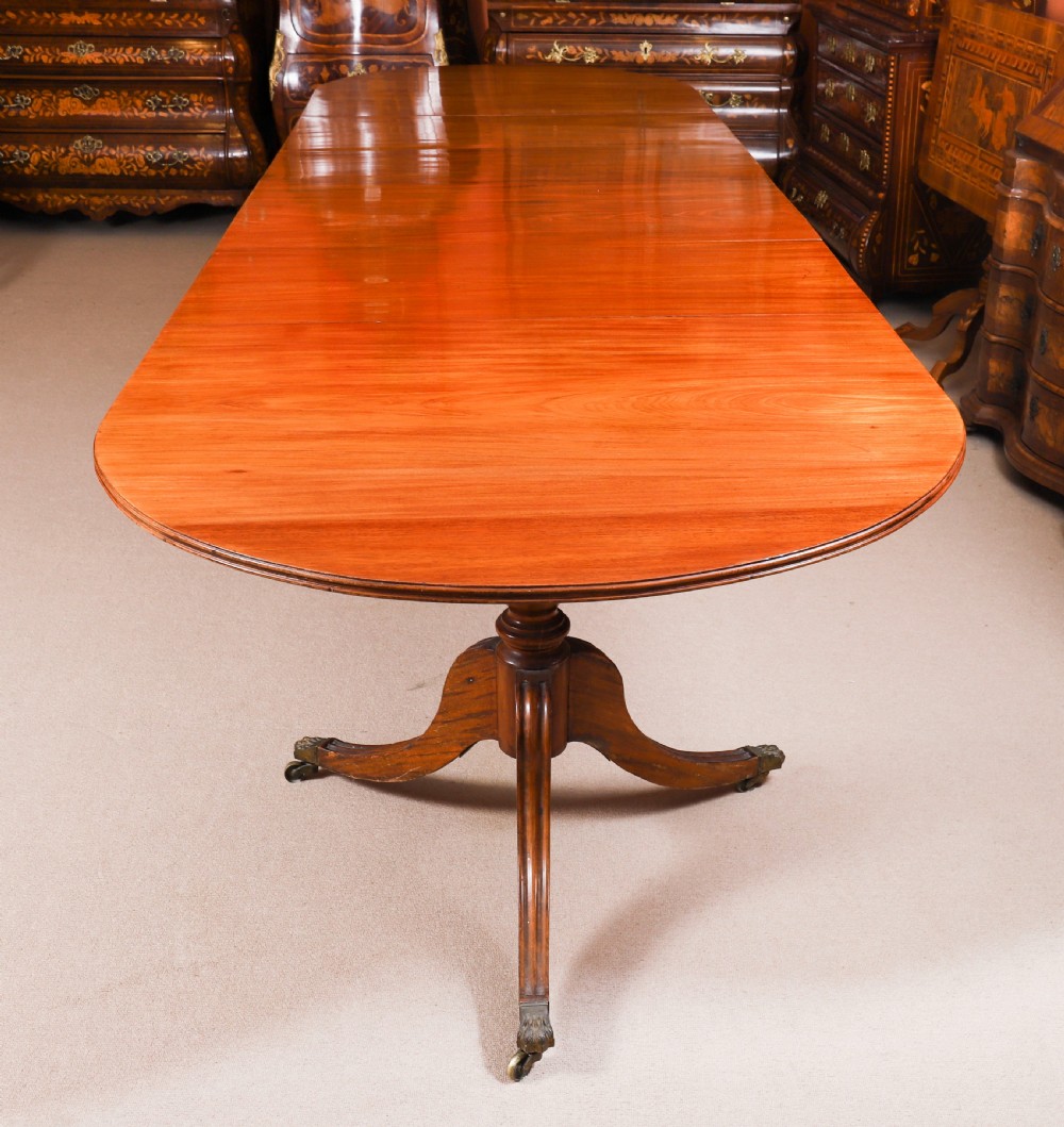 A long polished mahogany triple pillar dining table featuring splayed tripod bases fitted with brass claw feet and castors. View IV