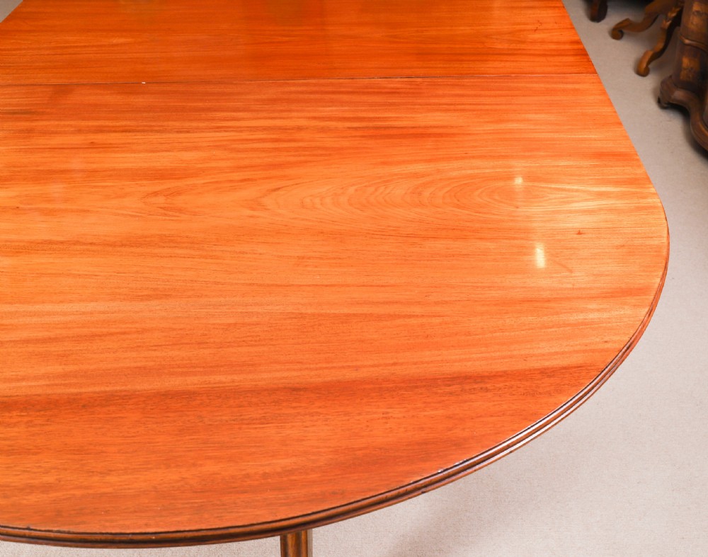 A long polished mahogany triple pillar dining table featuring splayed tripod bases fitted with brass claw feet and castors. View VII