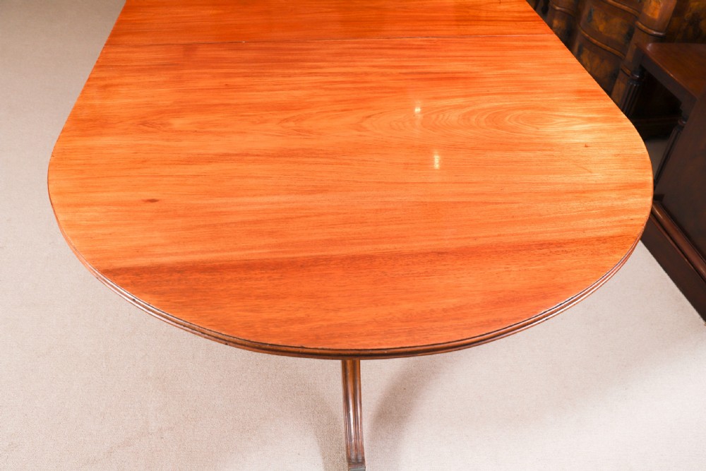 A long polished mahogany triple pillar dining table featuring splayed tripod bases fitted with brass claw feet and castors. View IX