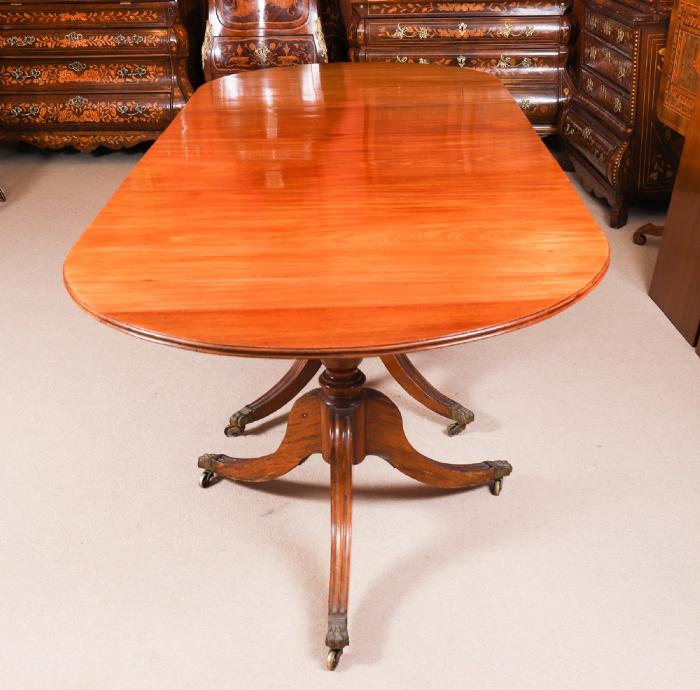 A long polished mahogany triple pillar dining table featuring splayed tripod bases fitted with brass claw feet and castors. View XII