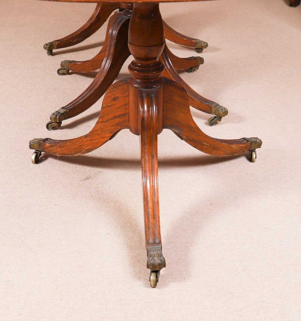 A long polished mahogany triple pillar dining table featuring splayed tripod bases fitted with brass claw feet and castors. View XIII