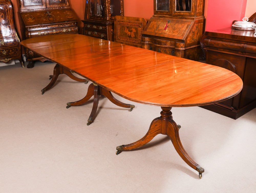 A long polished mahogany triple pillar dining table featuring splayed tripod bases fitted with brass claw feet and castors. View XIV