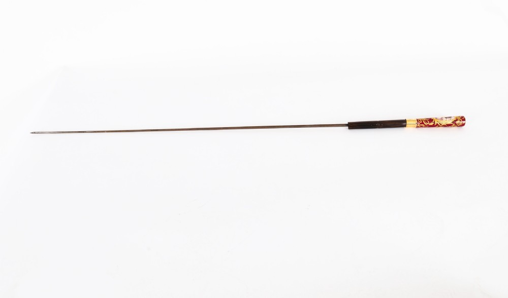 A nineteenth-century French walking stick featuring a dark wood shaft, a gilt metal band, and a hand-painted porcelain pommel handle. View IV