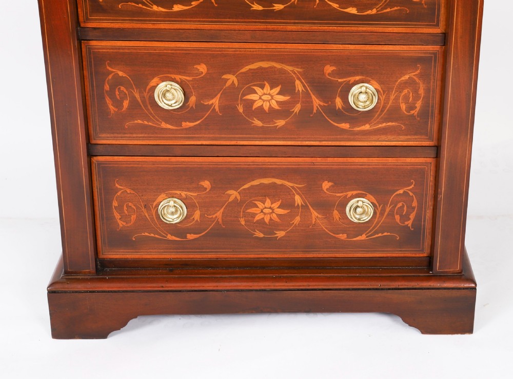 An Edwardian mahogany Wellington chest featuring eight inlaid drawers, satinwood floral motifs, a right-side locking stile, and brass handles. View IX
