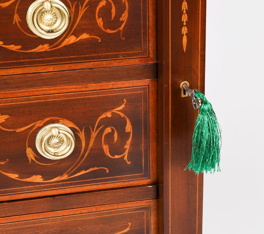 An Edwardian mahogany Wellington chest featuring eight inlaid drawers, satinwood floral motifs, a right-side locking stile, and brass handles. View XIII