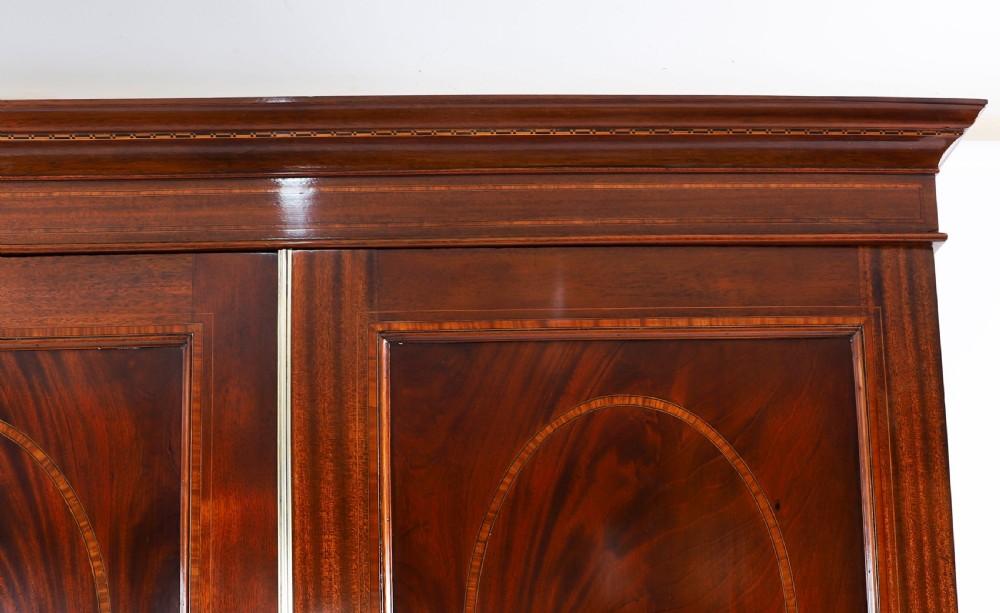 A late 19th-century George III revival flame mahogany double wardrobe featuring oval panel inlays, twin doors, a single bottom drawer, and a moulded cornice. View XI