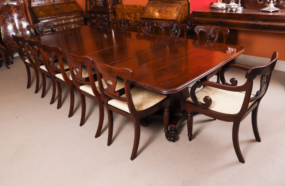 An extendable George IV Regency mahogany twin pedestal dining table with carved paw feet. View IV