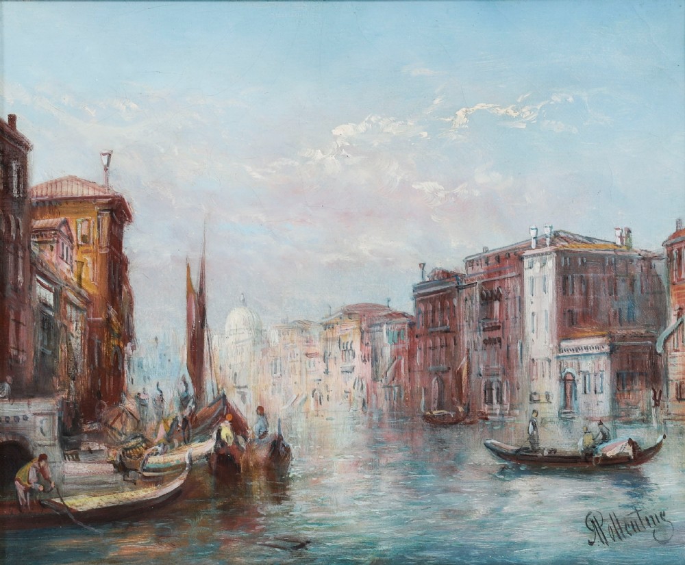 A nineteenth-century framed oil painting depicting gondolas on the Grand Canal in Venice under a pale blue sky, set within a molded gold leaf frame. View II