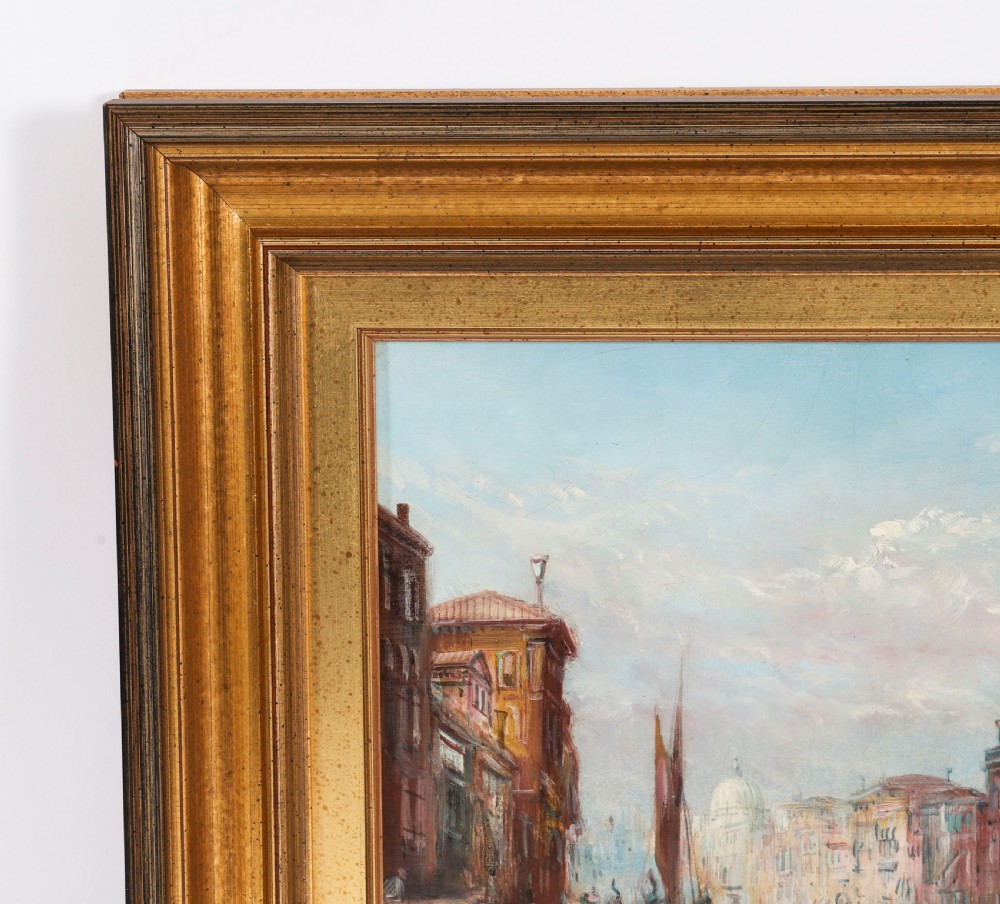 A nineteenth-century framed oil painting depicting gondolas on the Grand Canal in Venice under a pale blue sky, set within a molded gold leaf frame. View VIII