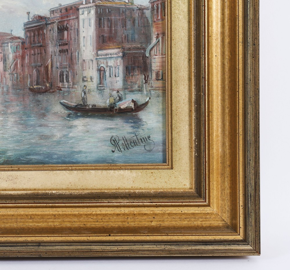 A nineteenth-century framed oil painting depicting gondolas on the Grand Canal in Venice under a pale blue sky, set within a molded gold leaf frame. View IX