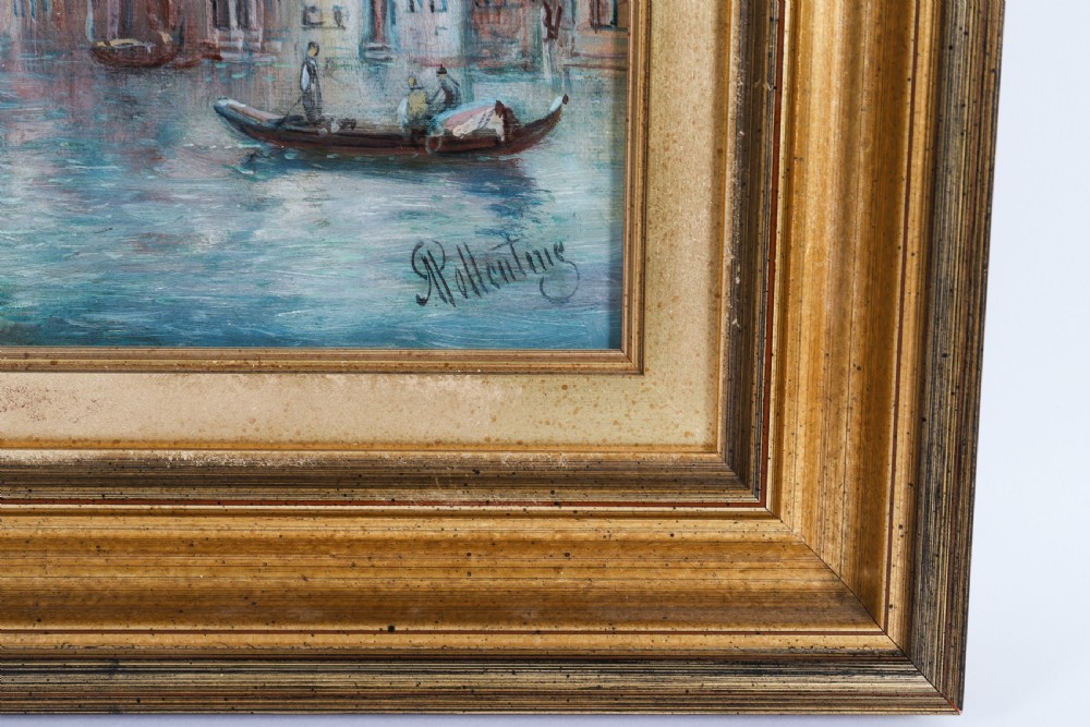 A nineteenth-century framed oil painting depicting gondolas on the Grand Canal in Venice under a pale blue sky, set within a molded gold leaf frame. View X