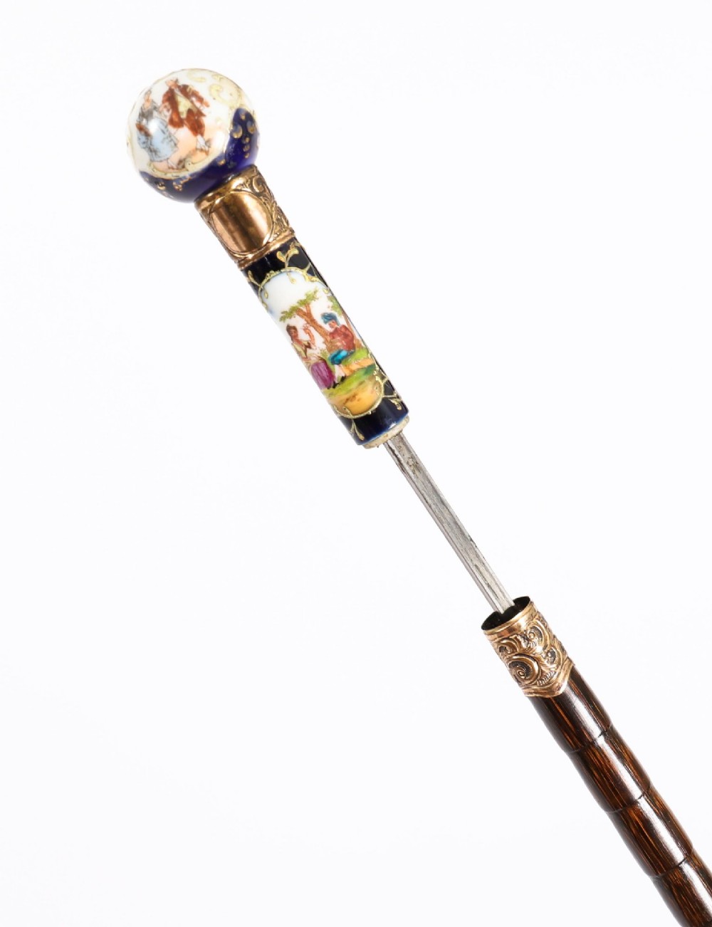 Antique French Gold Plate & Porcelain Walking Sword Stick19th C 84cm 33'