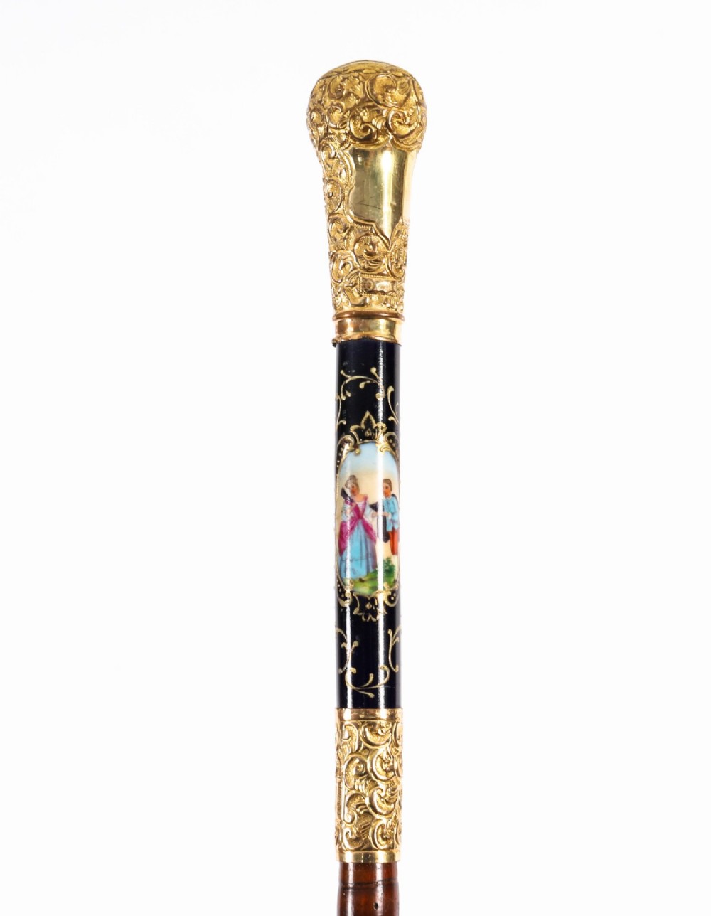 A 19th-century French sword stick featuring a chased gold-plated pommel and a hand-painted Sevres style cobalt blue porcelain collar above a wooden shaft with a partially drawn steel blade. View II