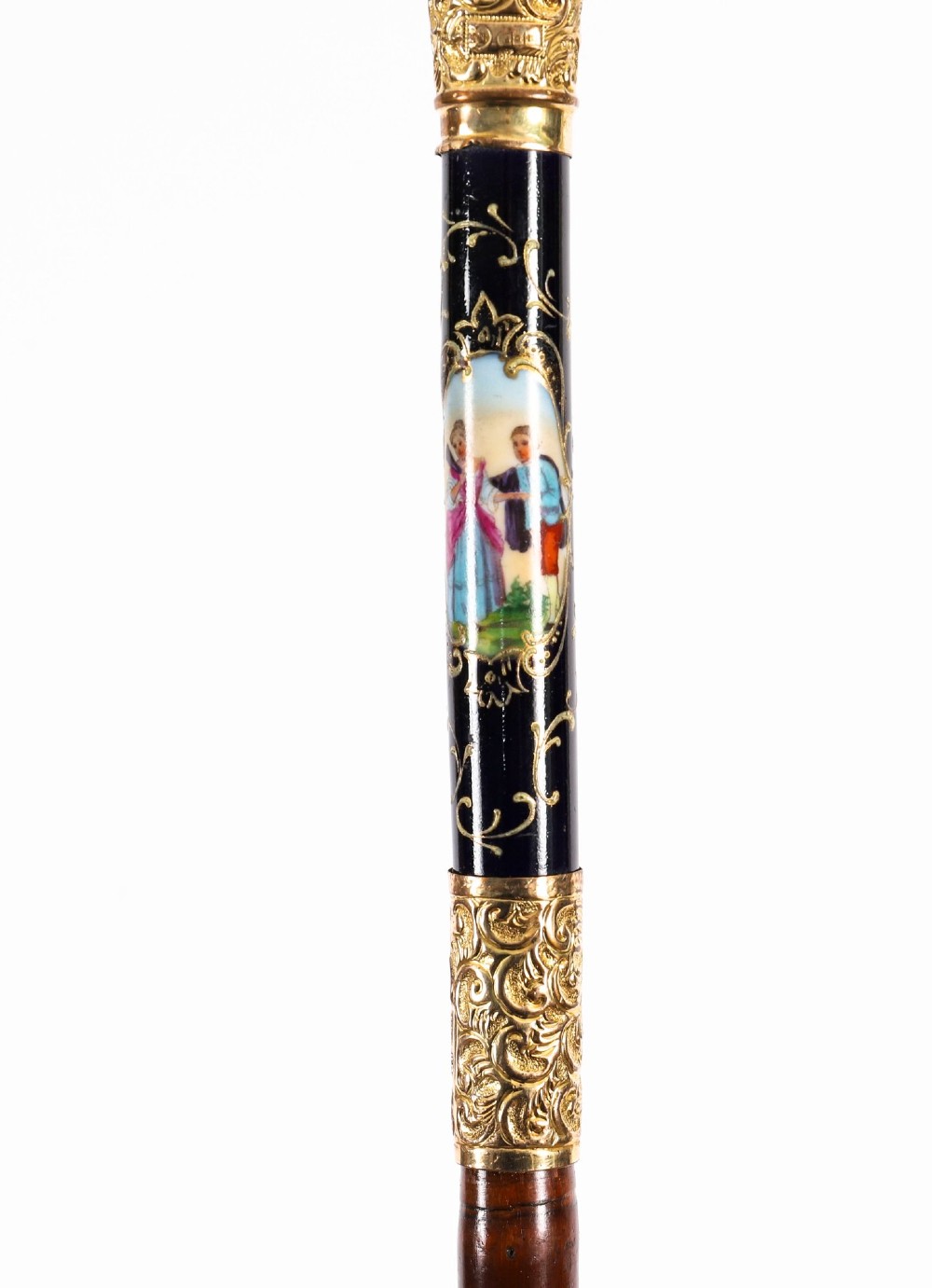 A 19th-century French sword stick featuring a chased gold-plated pommel and a hand-painted Sevres style cobalt blue porcelain collar above a wooden shaft with a partially drawn steel blade. View IX