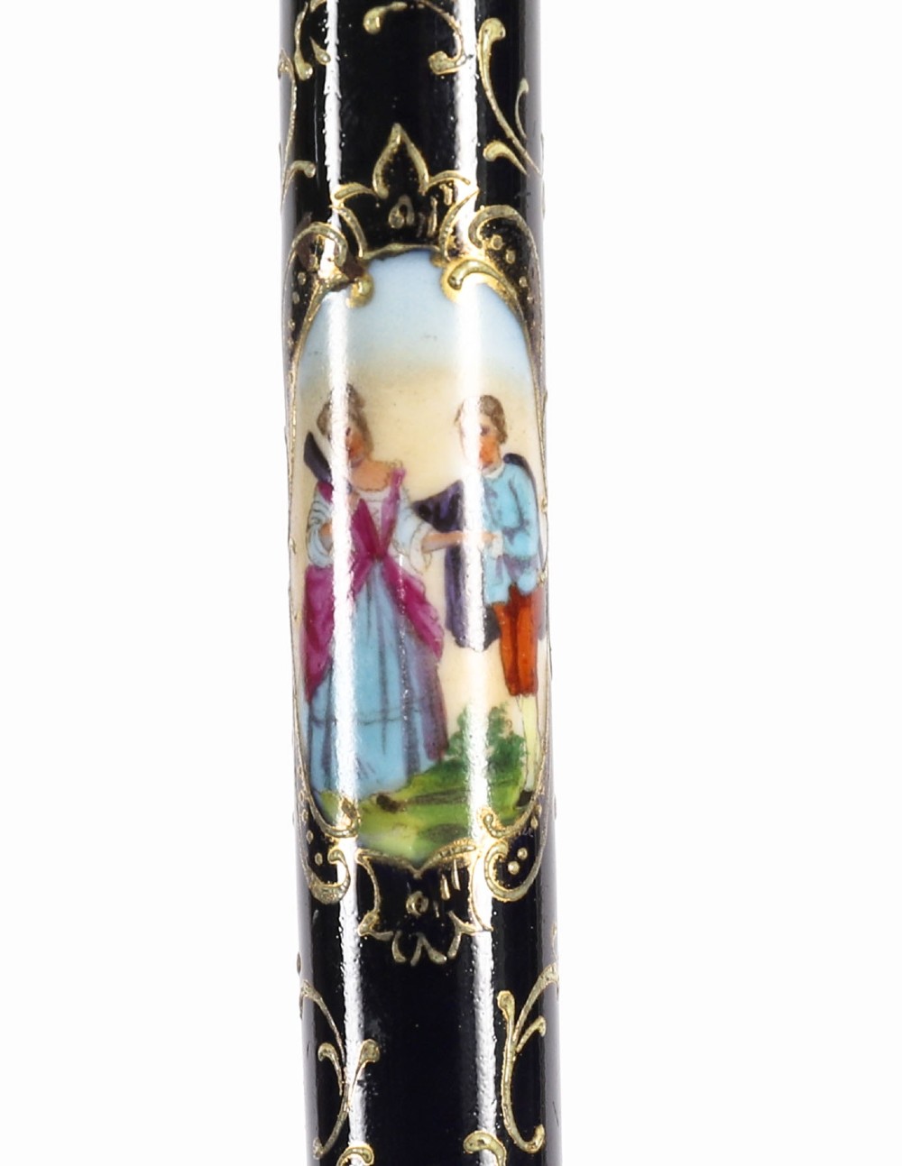 A 19th-century French sword stick featuring a chased gold-plated pommel and a hand-painted Sevres style cobalt blue porcelain collar above a wooden shaft with a partially drawn steel blade. View XI