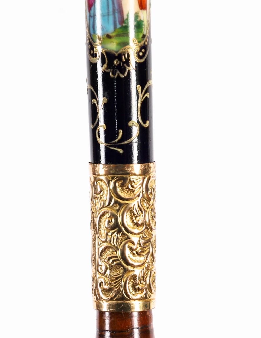 A 19th-century French sword stick featuring a chased gold-plated pommel and a hand-painted Sevres style cobalt blue porcelain collar above a wooden shaft with a partially drawn steel blade. View XII