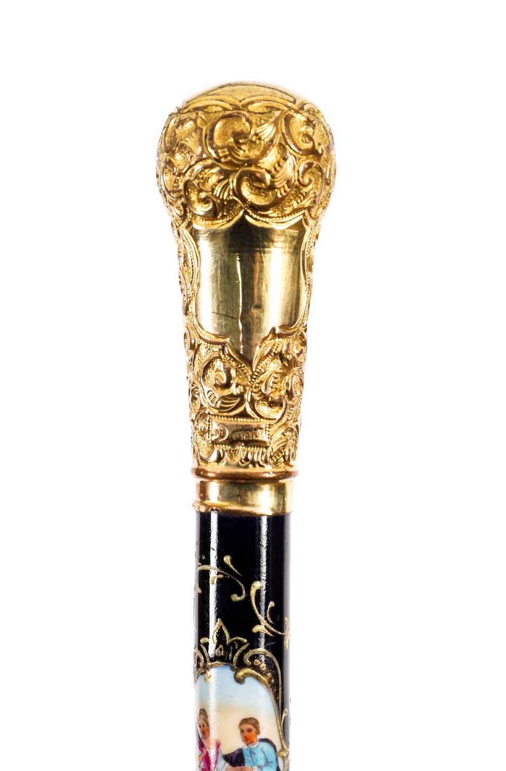 A 19th-century French sword stick featuring a chased gold-plated pommel and a hand-painted Sevres style cobalt blue porcelain collar above a wooden shaft with a partially drawn steel blade. View XIII