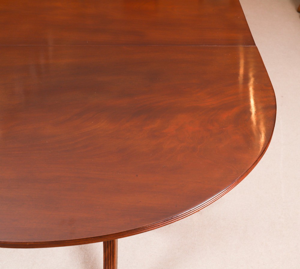 An extended mahogany Regency Revival triple pillar dining table with reeded legs and brass paw castors. View XIV