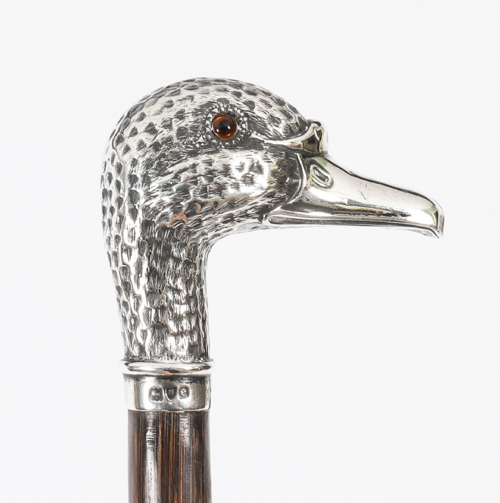 An antique walking stick featuring a dark polished wooden shaft topped with a cast silver duck head handle. View II