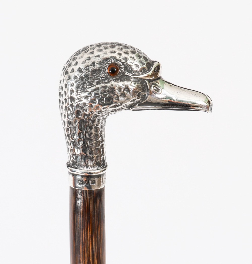An antique walking stick featuring a dark polished wooden shaft topped with a cast silver duck head handle. View III