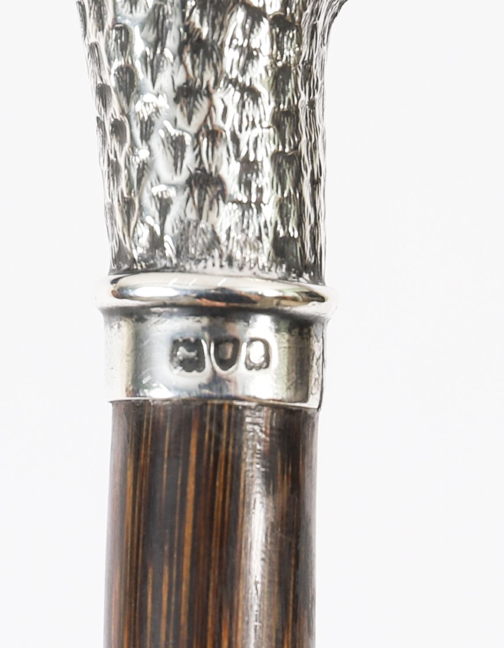 An antique walking stick featuring a dark polished wooden shaft topped with a cast silver duck head handle. View VI